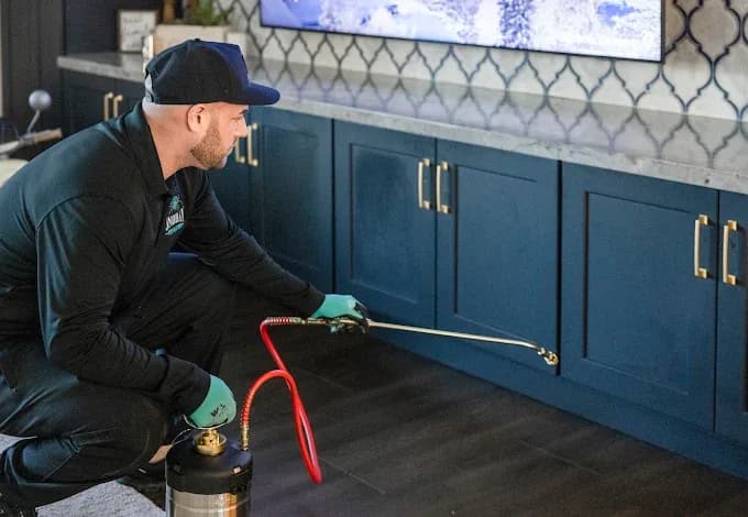 Technician performing an interior pest treatment along cabinets at a commercial property