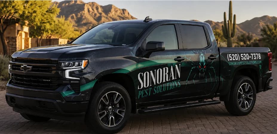 Sonoran Pest Solutions wrapped service truck in the Sonoran Desert at sunset